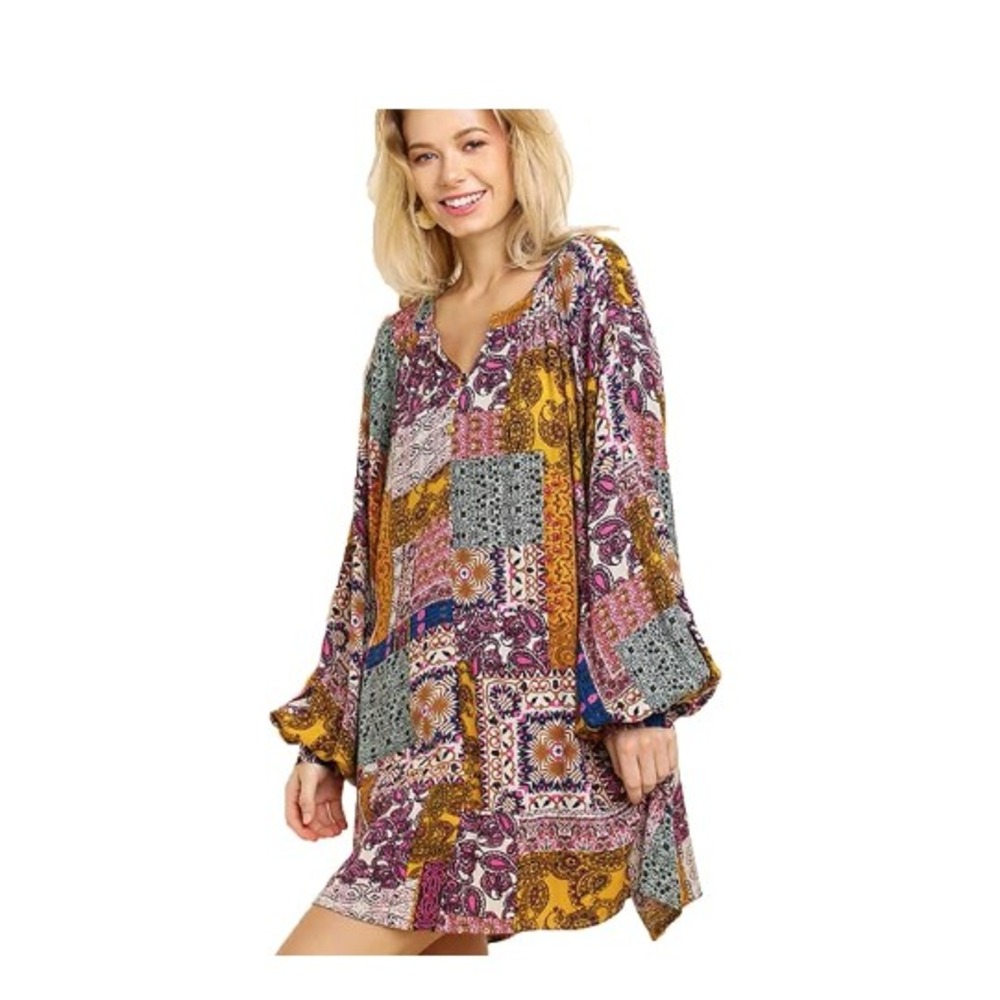 Umgee Patchwork Floral Paisley Mini Dress Women's Size XL Long Sleeve Boho - Picture 1 of 8